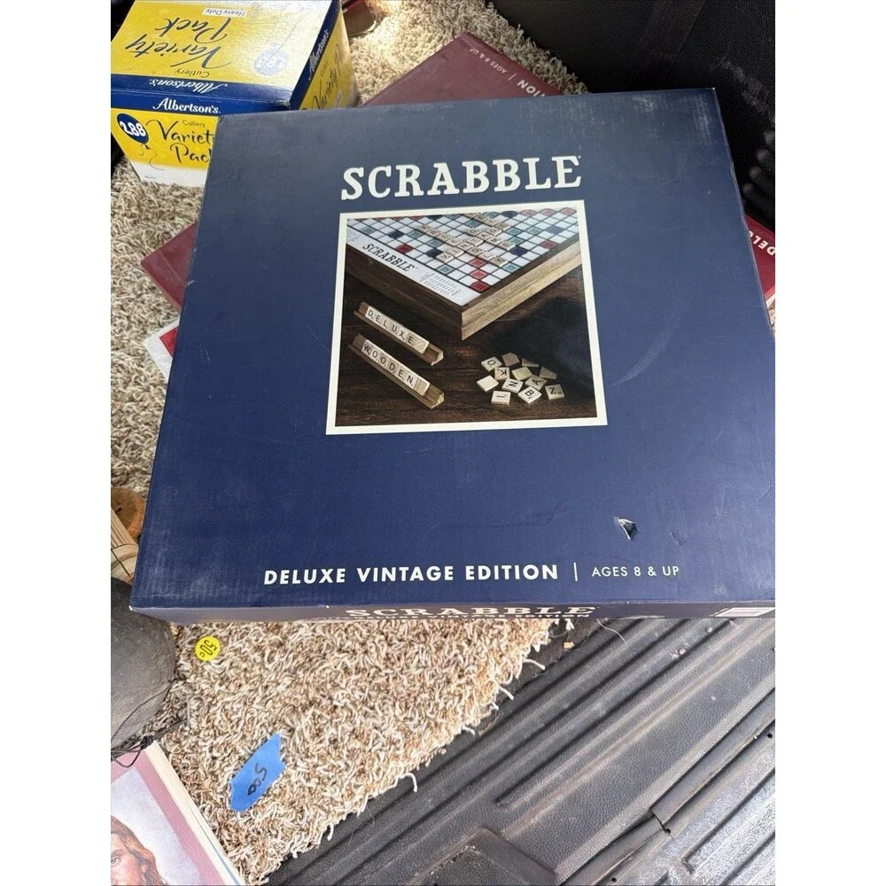Scrabble Deluxe Vintage Edition Board Game Wooden Rotating Cabinet Sealed NEW